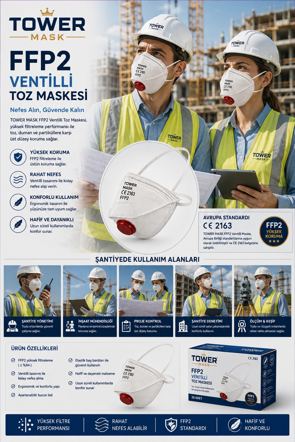 Tower Mask FFP2 Ventilli Toz Maskesi N95